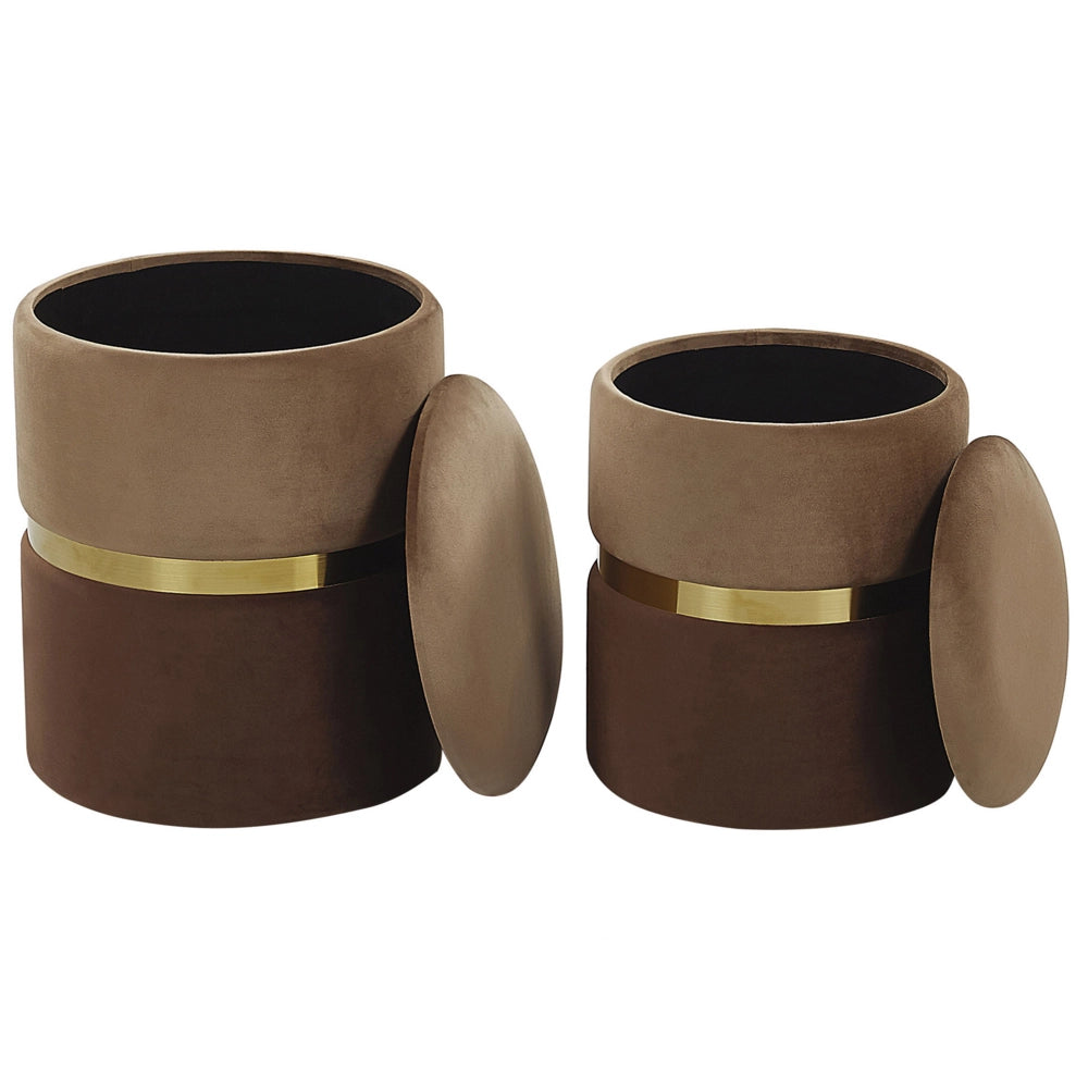 Set di 2 pouf portaoggetti Poggiapiedi con rivestimento in velluto di poliestere marrone chiaro e scuro dal design retrò