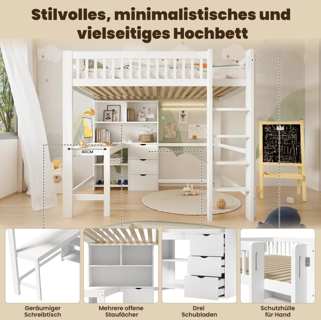 Letto a soppalco bianco 140x200 cm con scrivania e 3 cassetti