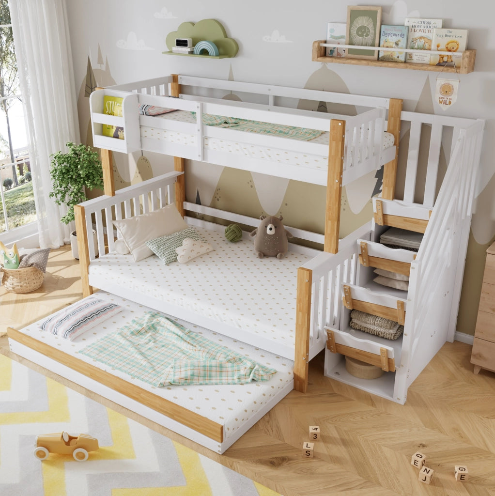 Letto a castello con letto estraibile e scala contenitore; 254x216;5x165 cm; bianco e naturale