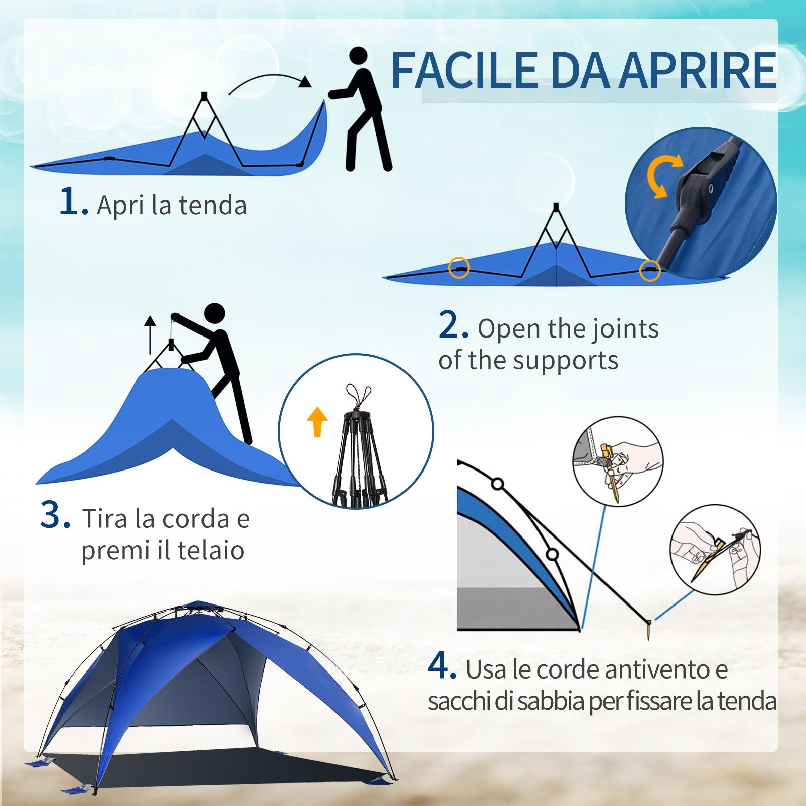 Tenda da Spiaggia Pop Up con Corde e Paletti in Poliestere Blu
