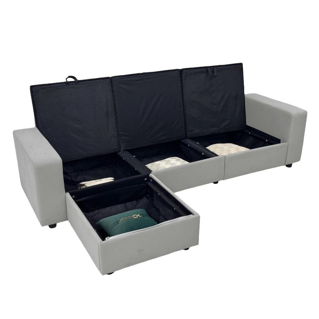 Divano angolare con 4 vani contenitori e chaise longue reversibile in poliestere grigio chiaro 245,5 cm