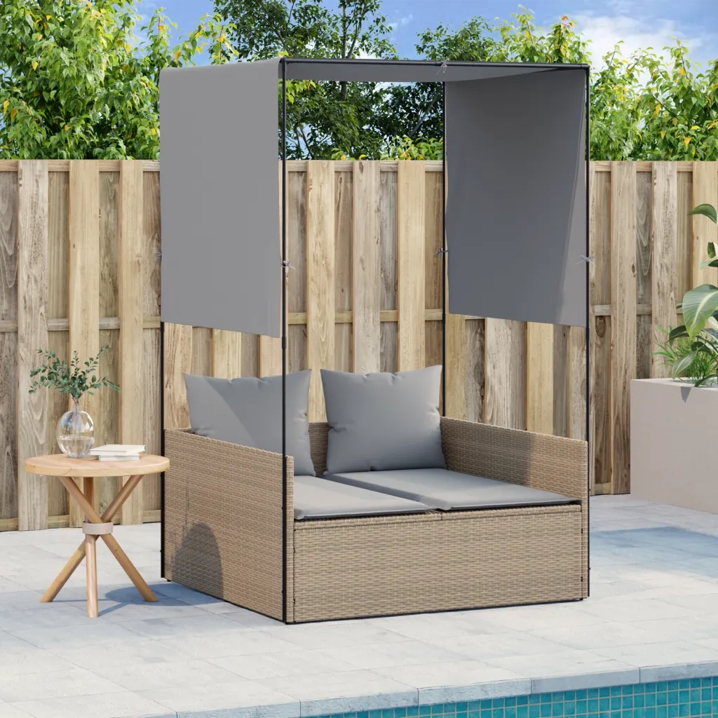 Lettino Prendisole | Sdraio da giardino | Lettino da sole con Tetto e Tende Beige in Polyrattan