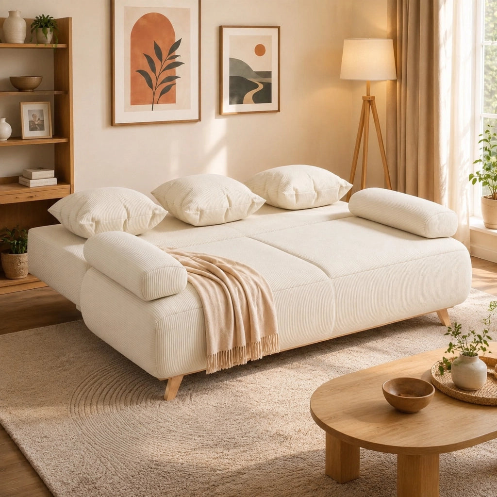 Divano letto 3 posti con contenitore e schienale regolabile in velluto a coste beige