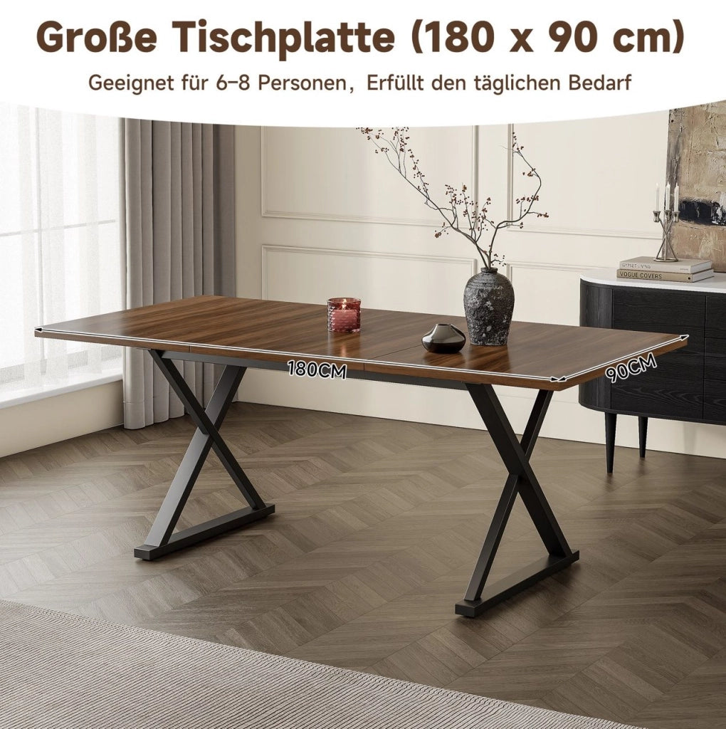 Tavolo da pranzo 180x90x75 cm in MDF con gambe in metallo a X; noce