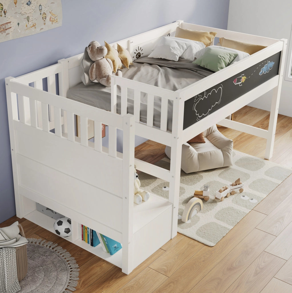 Letto a soppalco per bambini 90x200 cm in MDF e legno massiccio bianco con scala e lavagna