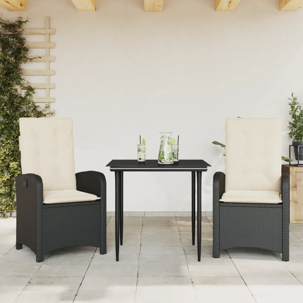 Set da Pranzo da Giardino 3 pz | Set Salotto da Giardino con Cuscini Nero in Polyrattan