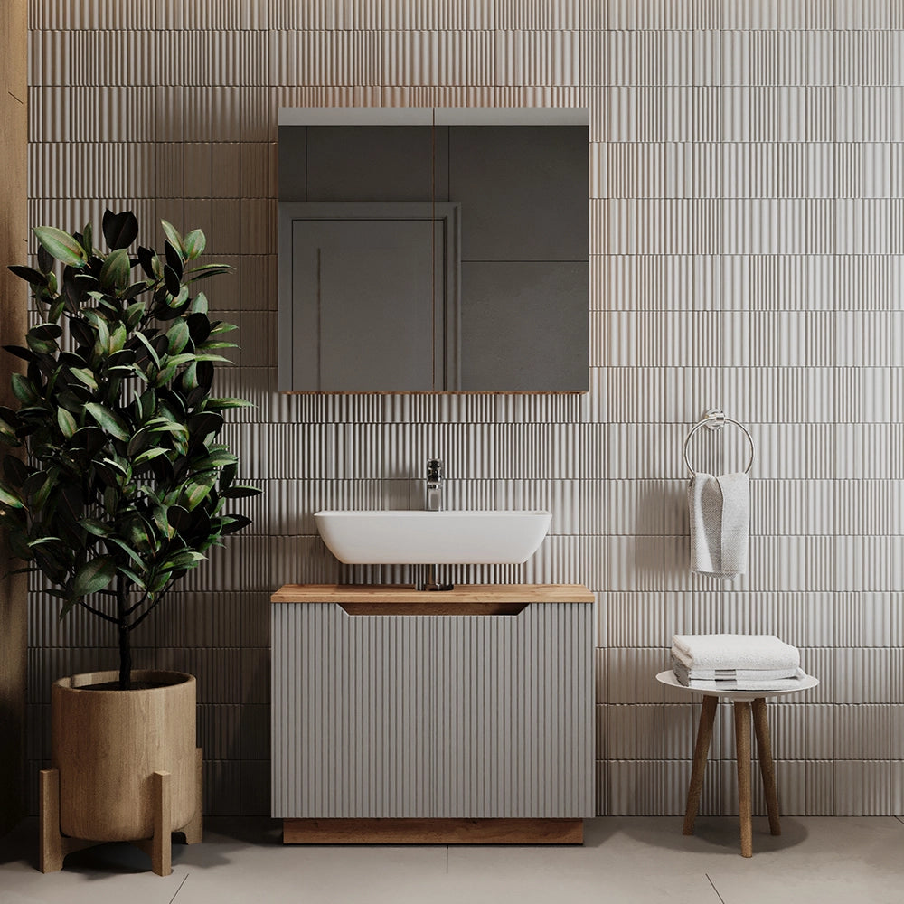 Vicco Set di mobili da bagno Rovere/grigio a righe 2 parti