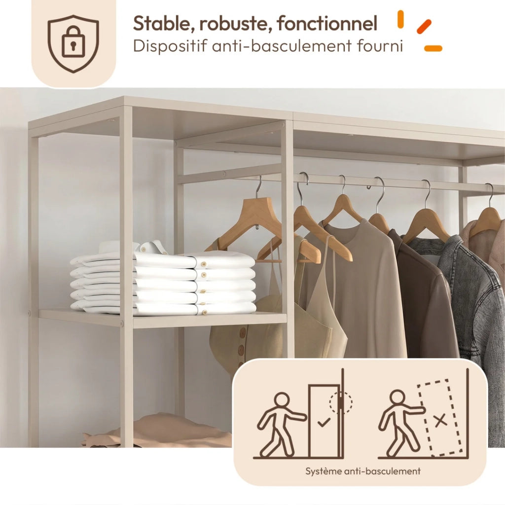 IDMarket - Armadio doppio UTAH + colonna doppia L. 140 cm con 6 ripiani e 6 cestini in tessuto beige