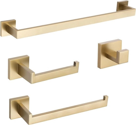 Set di accessori per la camera da bagno 4 pezzi con asse da asciugamano in acciaio inox quadrato da parete con finitura lucida giallo oro, altezza 60 cm, Q7GD-4PC-60CM