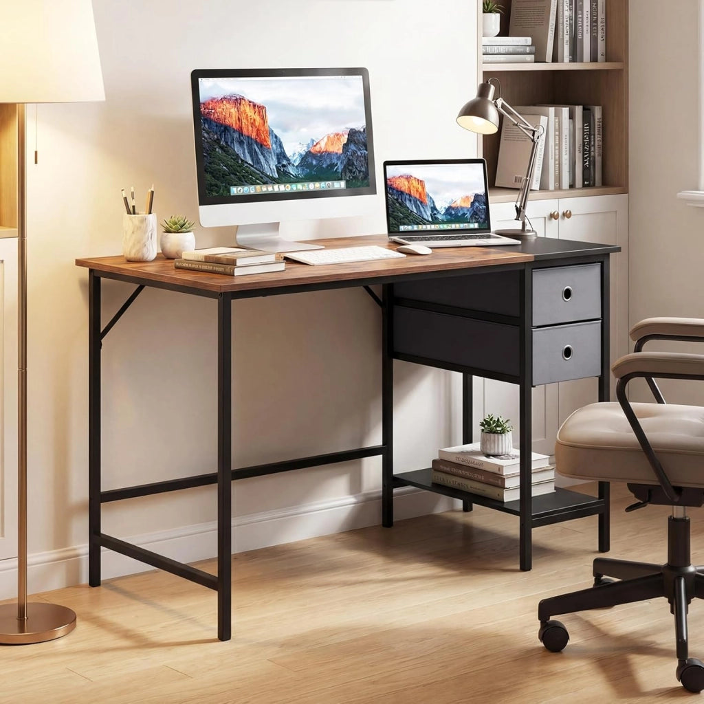Scrivania per Computer, 120 x 60 x 75 cm, Scrivania Ufficio con 2 Cassetti e Ripiano, Tavolo Postazione di Lavoro, Studio e Lettura, Scrittoio Salvasapzio in Legno e Metallo (Marrone)
