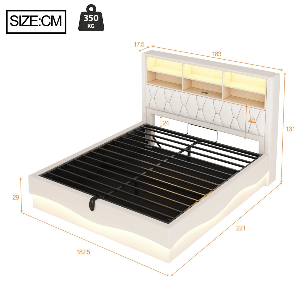 Letto imbottito 180x200 cm beige con LED, USB e vano contenitore