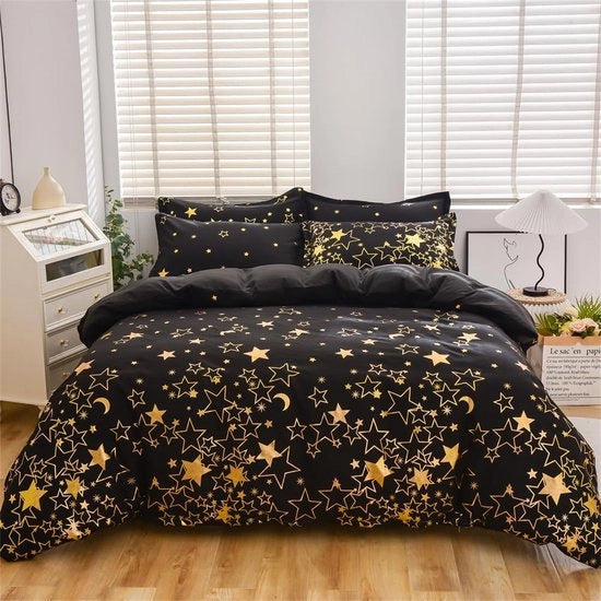 Set di lenzuola da letto 200 x 200 cm a tre pezzi con disegno stellato e luna glitter, tessuto microfibra ruvido, set di lenzuola da letto luxe con raccordo e due cuscini 80 x 80 cm