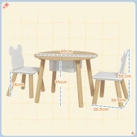 Set con Tavolo e 2 Sedie per Bambini con Schienale a Orsetto, Tavolino con Vano Contenitore, Bianco e Legno