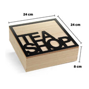 CONTENITORE PORTA TISANE, TÈ -  SCATOLA IN LEGNO STILE ELEGANTE, LEGNO NATURALE, 6 SCOMPARTI "TEA SHOP" 24 X 24 X 8H CM