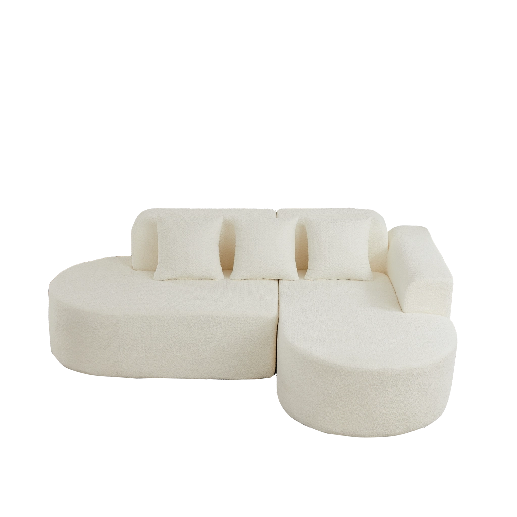 Divano angolare con chaise longue a destra e 3 cuscini schienale, design arrotondato in ciniglia beige