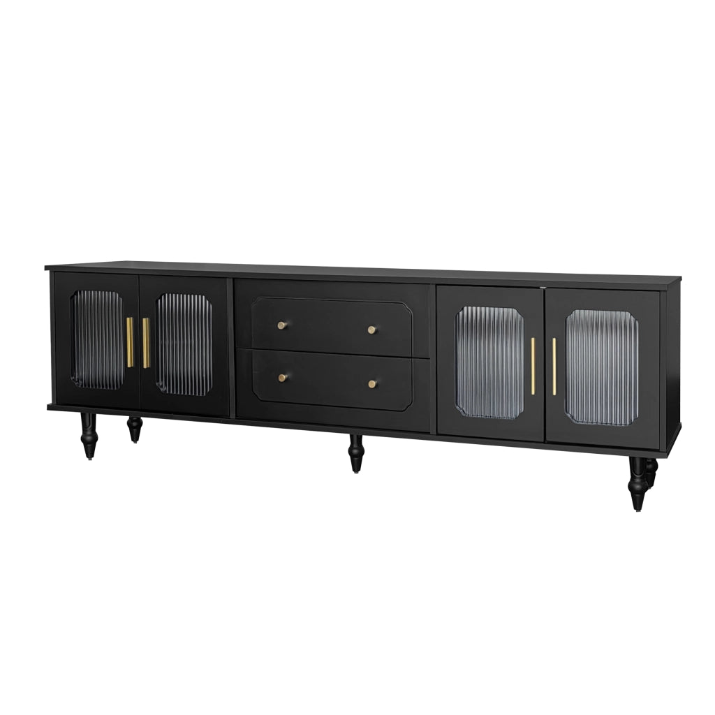 Mobile TV con 4 Ante in Vetro Rigato e Cassetti Push to Open; in Truciolato; 177 × 38 × 55.5 cm; Nero