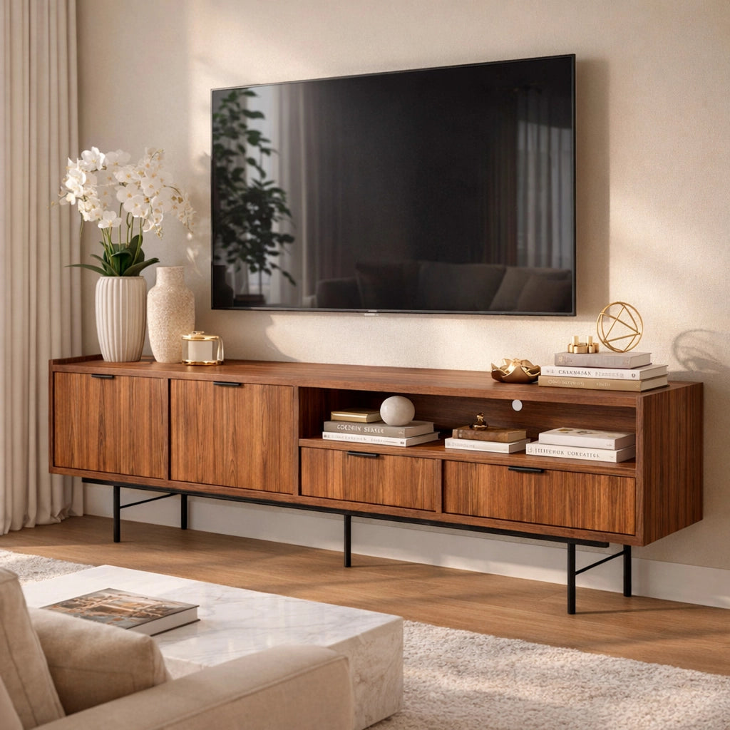 Mobile Porta TV Con 2 Ante A Ribalta 2 Cassetti Vano A Giorno Con Passacavo Design Moderno In Melaminico Per Soggiorno Salotto Zona Living 200 X 40 X 55 Cm Noce