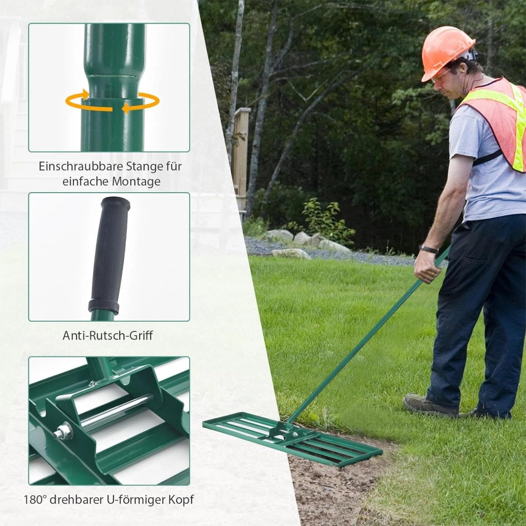 Rastrello Livellatore per Prato 170 cm, Raschietto Livellatore in Metallo Robusto con Manico Lungo e Spesso, Livellatrice per Terreno, Ghiaia, Orto ed Erbacce da Giardino (91 x 25 cm, Verde)