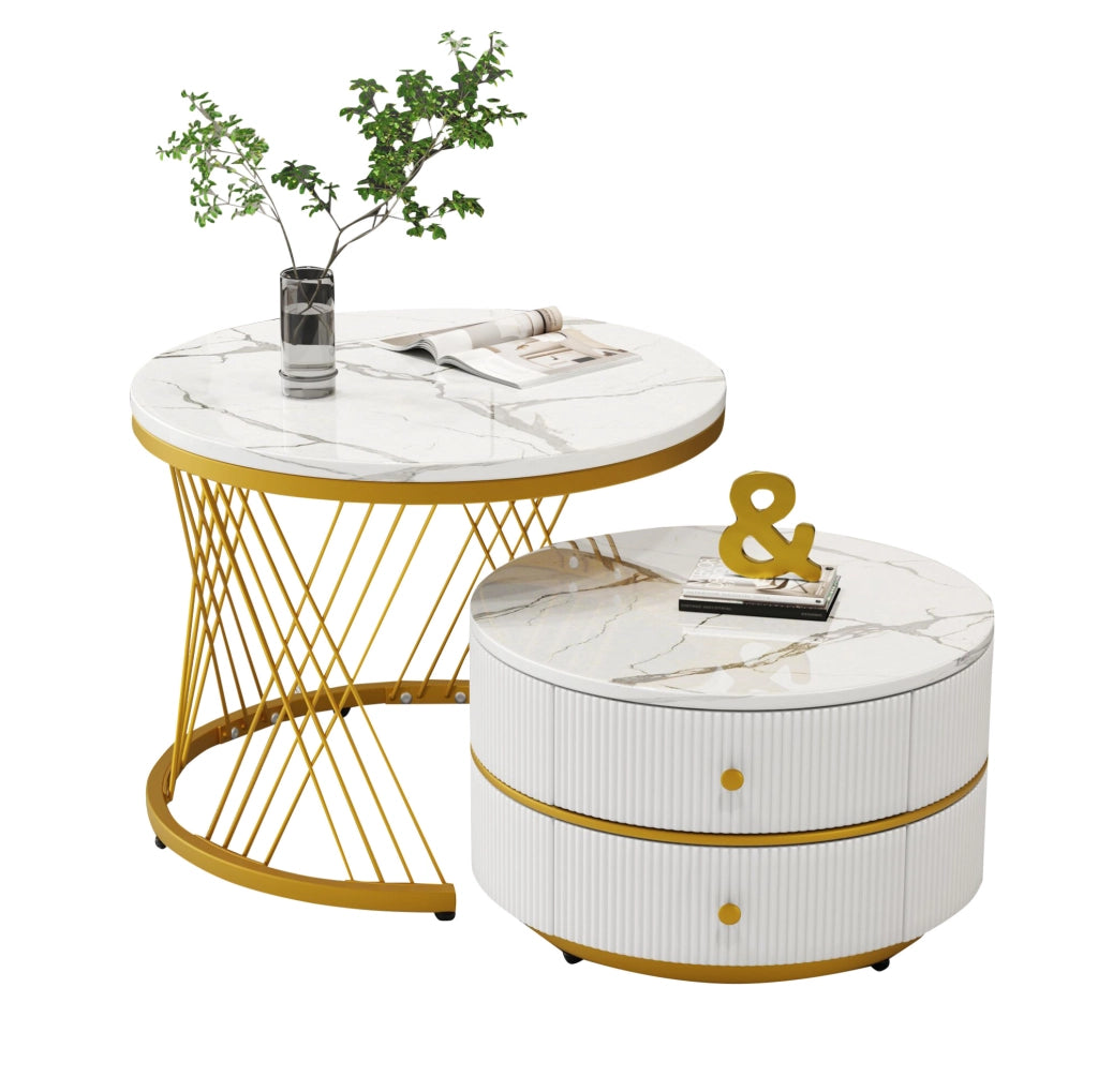 Set 2 tavolini da caffè rotondi effetto marmo lucido; bianco; con 2 cassetti