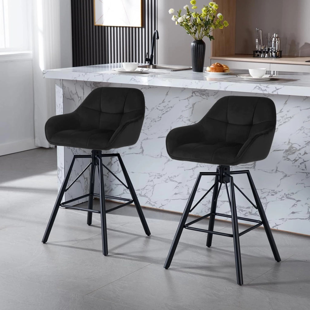 6 Pezzi Sgabello da Bar con Poggiapiedi, Sedia da Cucina con Sedile Girevole, Sgabello Alto con Schienale e Braccioli, Seduta in Velluto e Gambe in Metallo, Nero, BH397sz-6