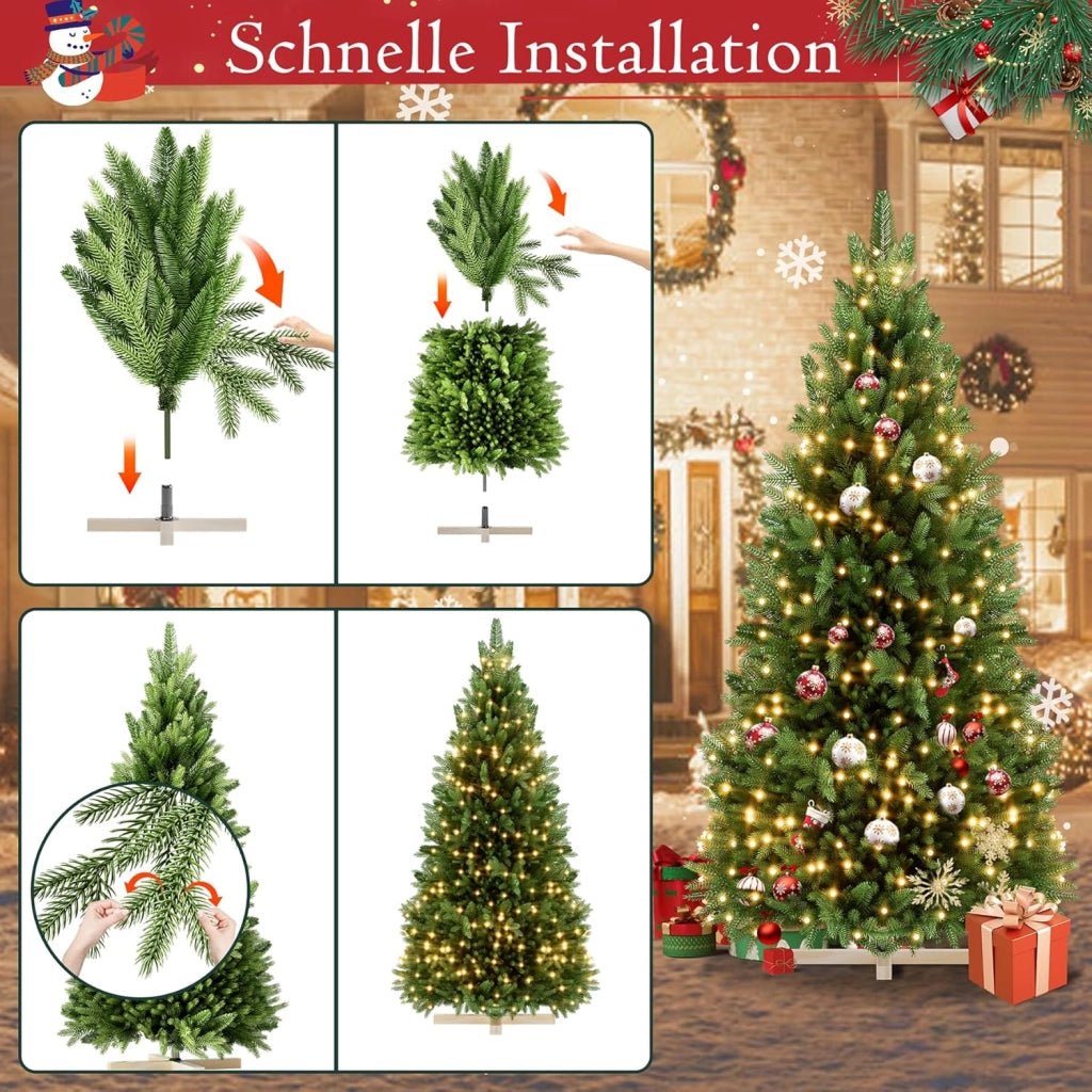 Albero di Natale Artificiale con Illuminazione 150 cm in PVC/PE Abete di Natale con Base in Legno Alberi di Natale Christmas Tree Decorazione Natalizia