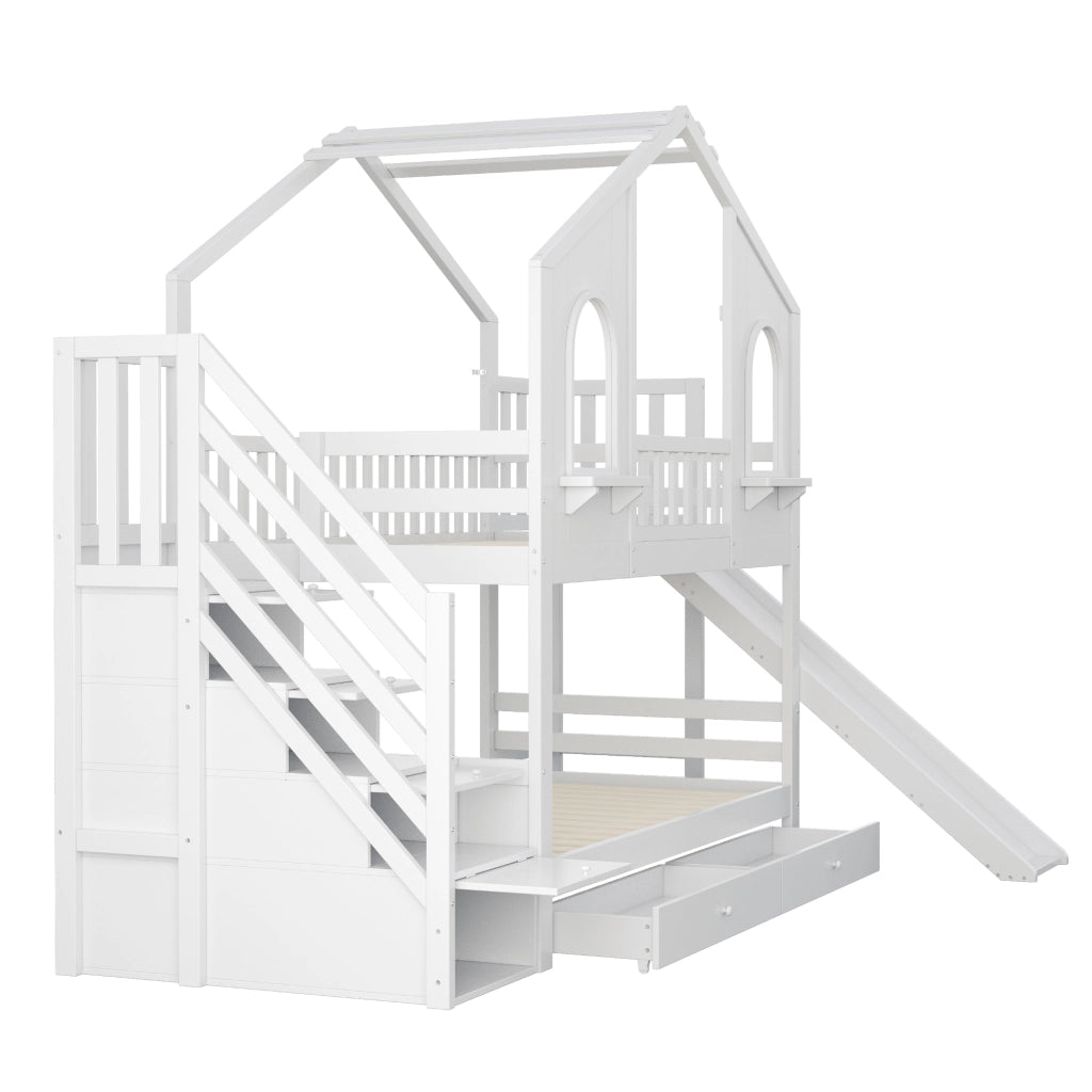 LETTO a castello a casetta 90x200 cm con scivolo e scala contenitore bianco