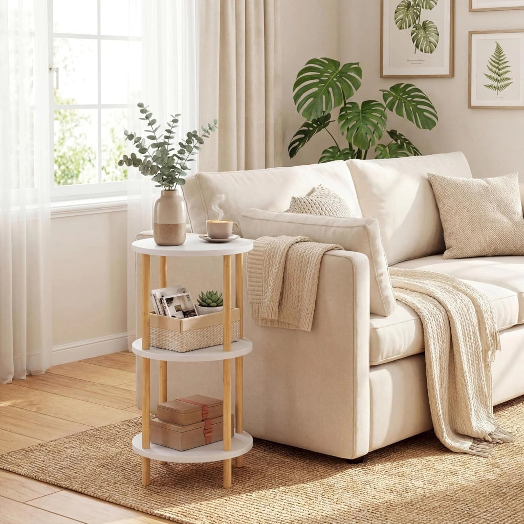 Set di 2 Tavolini Bassi in Bambù, Tavolino da Salotto con 3 Ripiani e Piano Semicircolare, Tavolo Laterale per Soggiorno, Camera da Letto, Carico 20 KG, 30 X 30 X 60,5 CM (Modelli 3, 2)