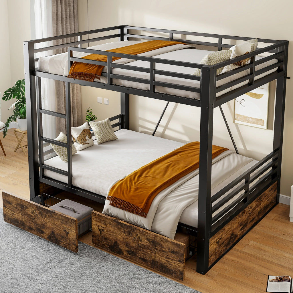 Letto a Castello in Metallo 140x200 cm con Cassetti, Scala e Sponde di Sicurezza, Nero