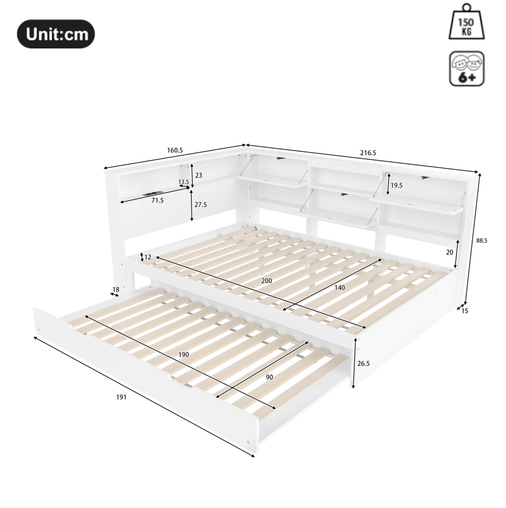 Letto 140x200 cm con letto estraibile e vano testiera in pino bianco