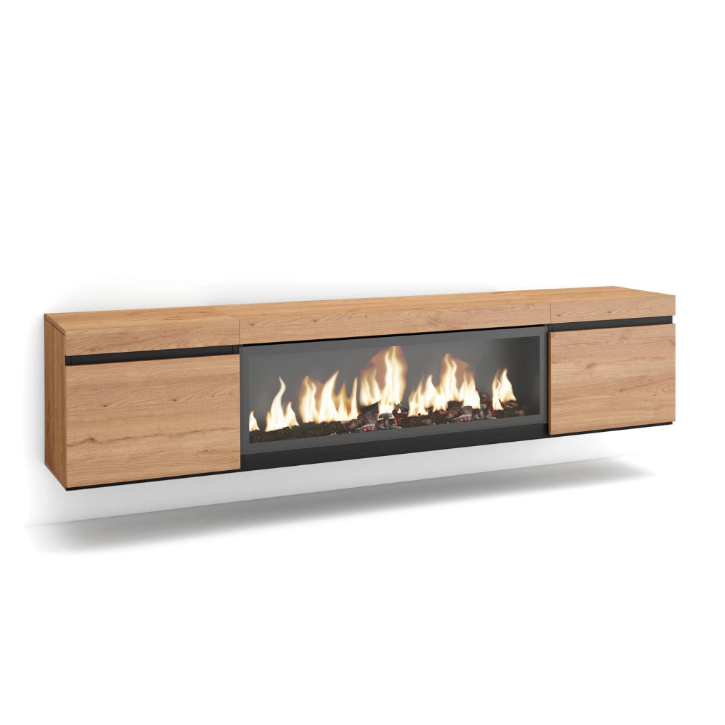 Mobile TV Soggiorno, 208x35x45cm, Per TV fino a 80", Camino elettrico XXL, da appendere, colore Rovere RF3280