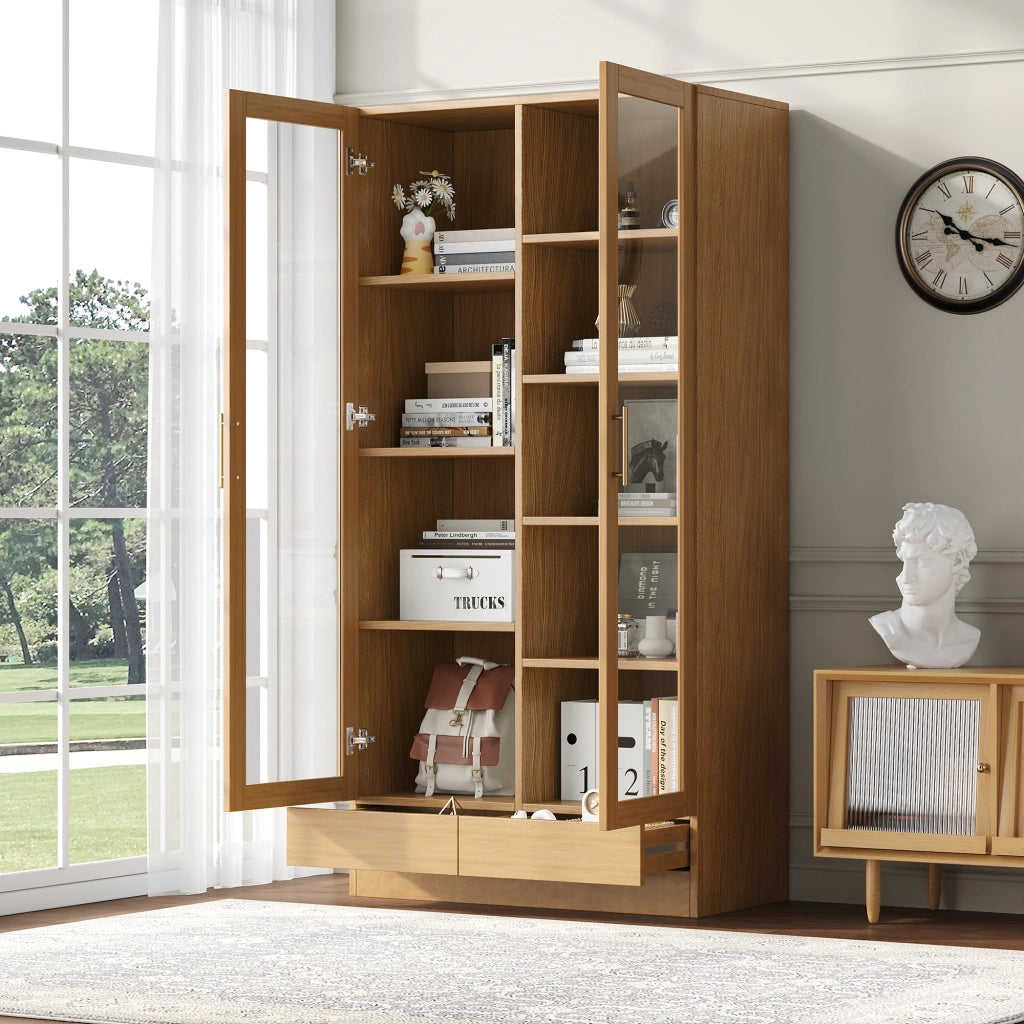 Vetrina con 2 ante in vetro 1 cassetto e 9 vani sfalsati per soggiorno o studio colore legno 80 × 40 × 160 cm