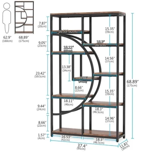 Libreria geometrica a 9 ripiani aperti in metallo e finitura legno