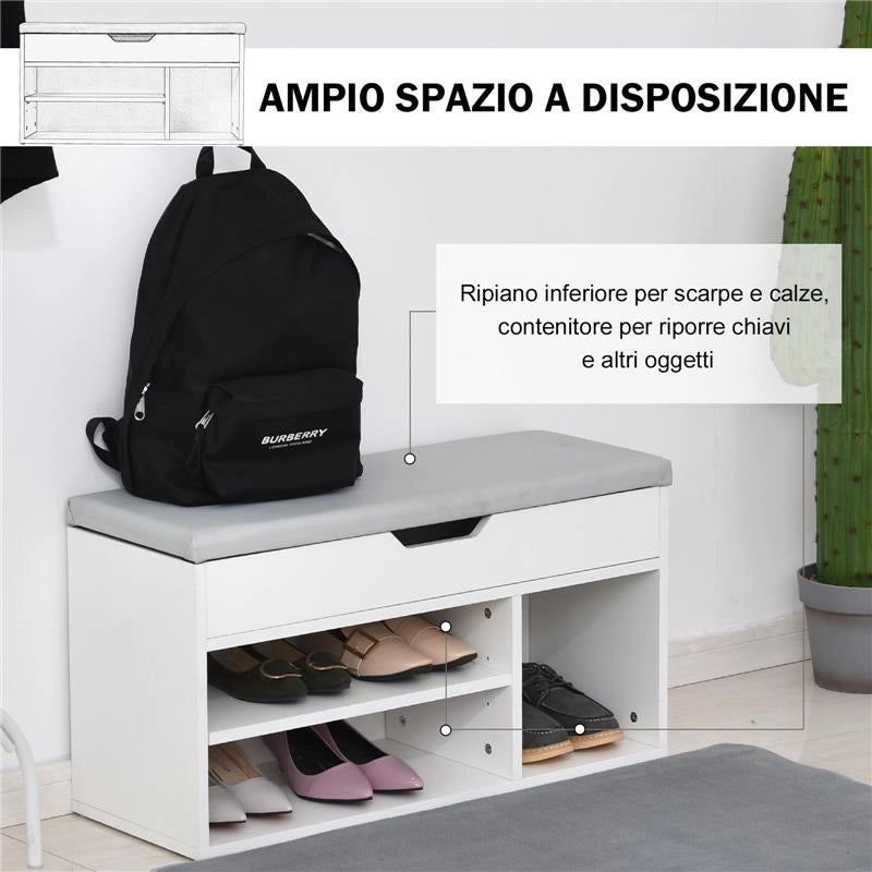 SCARPIERA SALVASPAZIO CON PANCA CONTENITORE IMBOTTITA E VANI APERTI BIANCO