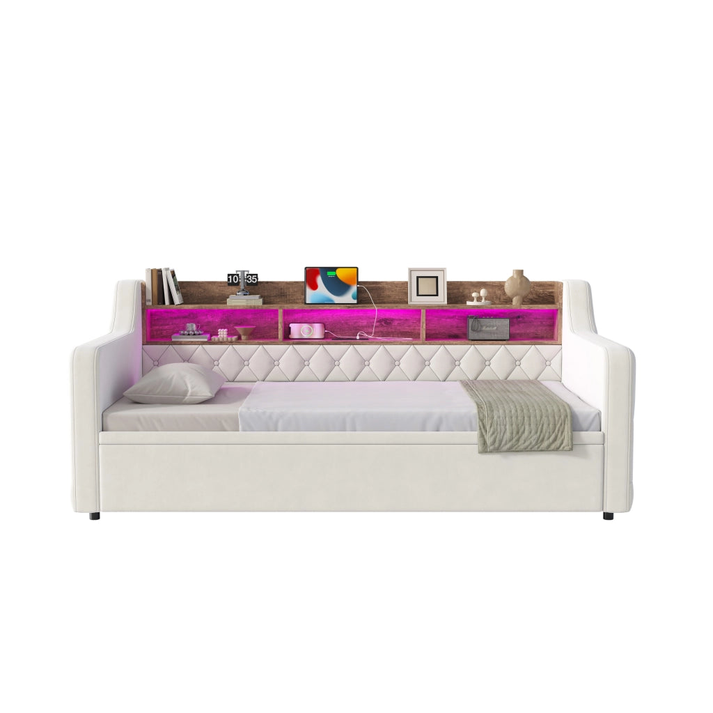 Divano letto estraibile 90x190 cm con LED, USB e USB-C in velluto beige