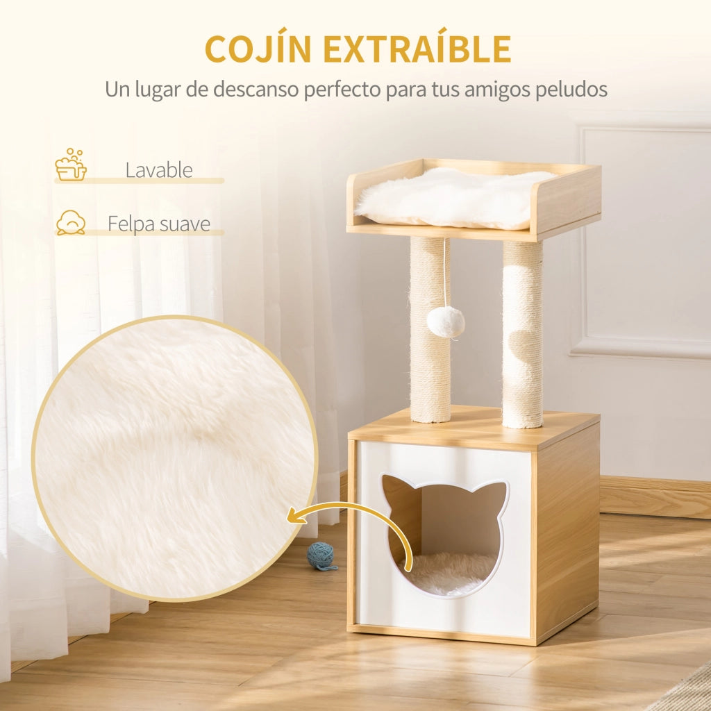 Albero per gatti a 2 livelli con letto e tiragraffi ¨C zephmum ¨C bianco e rovere 35x35x81 cm