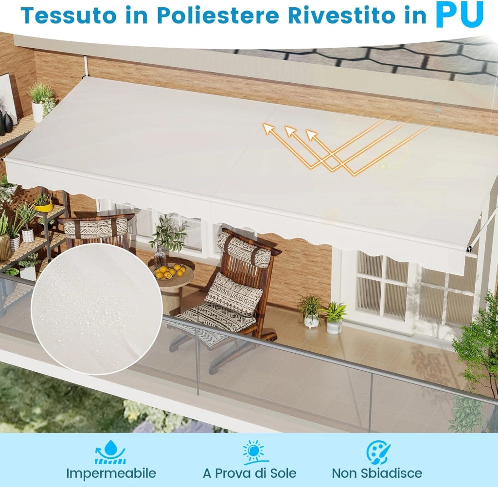 Tenda da Sole a Morsetto, Tenda per Balcone Senza Foratura Altezza e Inclinazione Regolabili con Manovella, Telo Impermeabile e Resistente ai Raggi Solari e Telaio Antiruggine (4M,Bianco)
