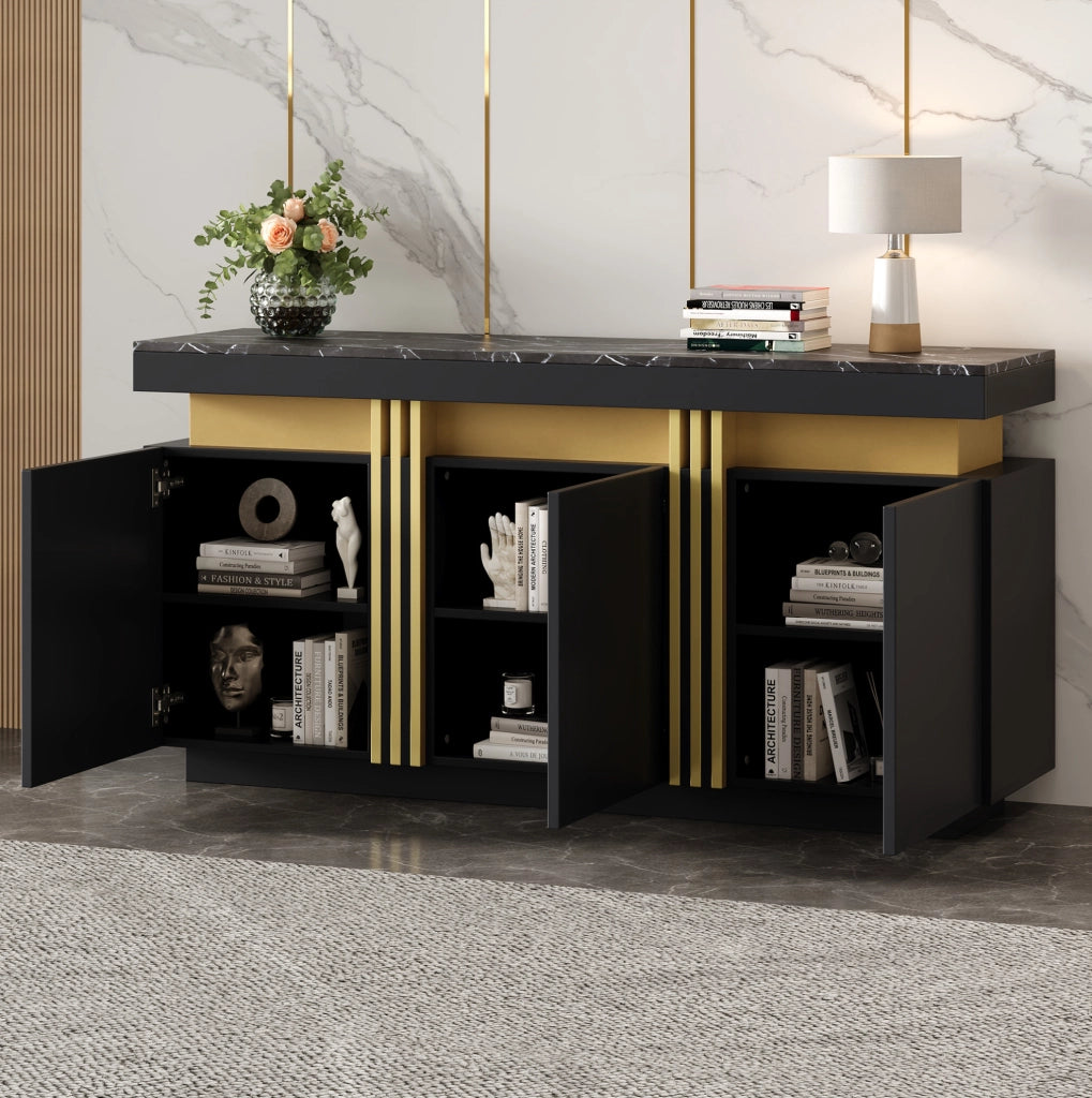Credenza 140x38x70 cm con 3 ante e ripiani regolabili; effetto marmo in truciolare nero