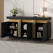 Credenza 140x38x70 cm con 3 ante e ripiani regolabili; effetto marmo in truciolare nero