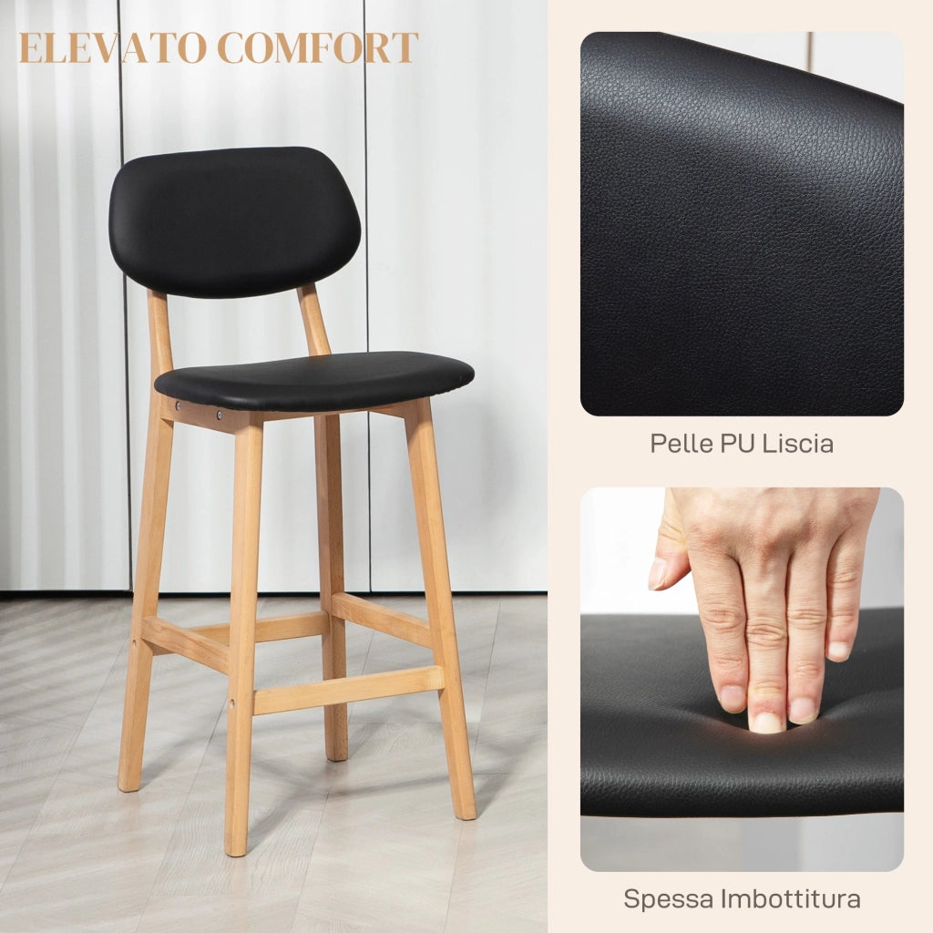 Set 2 Sgabelli da Bar con Schienale 42x47x92 cm Rivestimento Finta Pelle e Poggiapiedi Nero