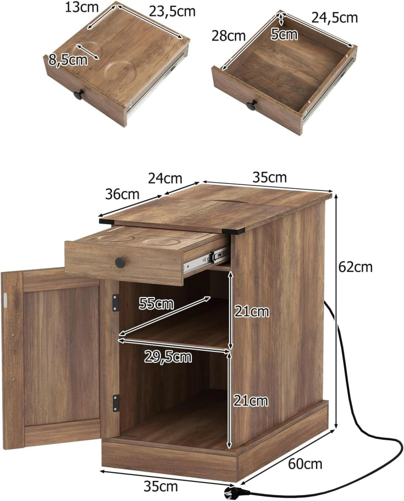 Comodino con stazione di ricarica, tavolino ausiliario con porta, cassetto estraibile, scomparto nascosto, ripiano regolabile, 35 x 60 x 62 cm, per camera da letto, soggiorno