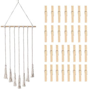 Supporto per foto in legno 100 cm - 30 clip in legno - Decorazione boho - Decorazione per parete - Accessori per la casa - Materiale duraturo - Parete per foto