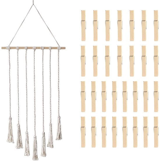 Supporto per foto in legno 100 cm - 30 clip in legno - Decorazione boho - Decorazione per parete - Accessori per la casa - Materiale duraturo - Parete per foto