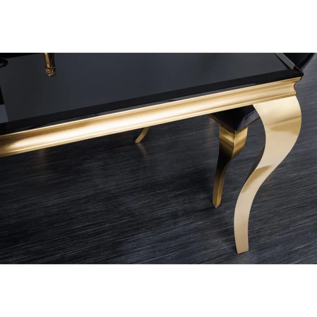 Table VELENA 200 cm – Piano in vetro nero e struttura in acciaio dorato – Eleganza barocca e design raffinato