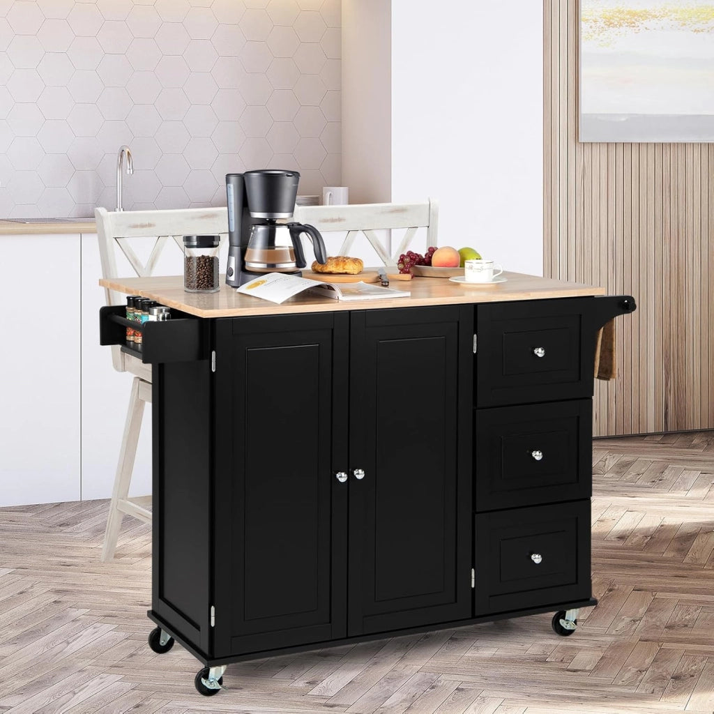 Carrello da Cucina con Pannello Pieghevole Portato fino a 50 kg, Isola da Cucina 43x136x91cm, Carrello Portaoggetti in Legno con Ruote, Multifunzione e Grande, Nero (Nero)