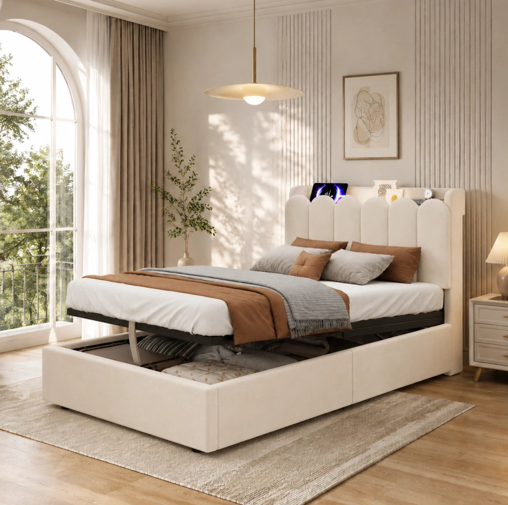 Letto singolo imbottito per bambini 90x200 cm con contenitore; USB e Type-C in velluto beige