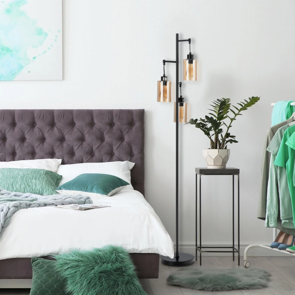 Lampada da lettura retr¨° con paralume in vetro ambrato a 3 teste sospese, Lampada da terra per soggiorno da letto Nero