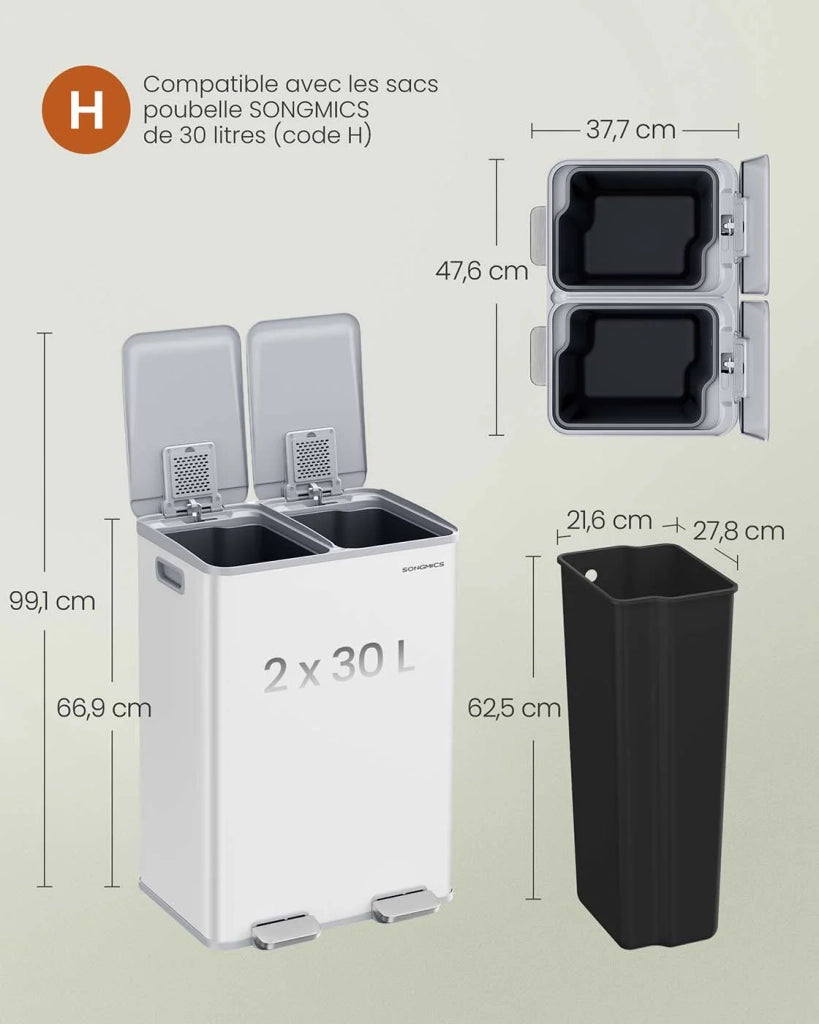 Pattumiera da cucina 2 x 30 litri 2 scomparti pattumiera a pedale con coperchio a chiusura ammortizzata secchi interni in acciaio 15 sacchi bianchi 12_0007971