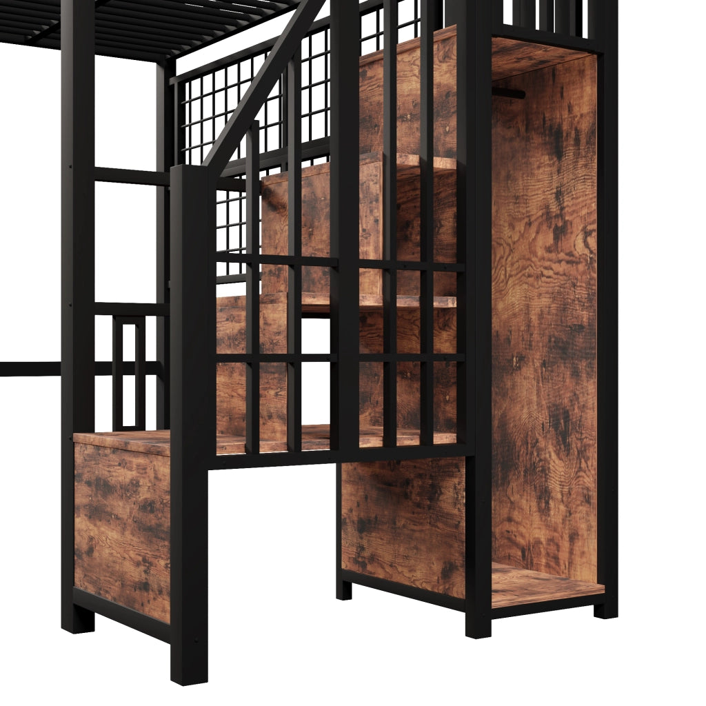 LETTO ALTO 90 x 200 cm con armadio, scala contenitore, LED, nero