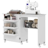Tavolo da Cucito Pieghevole Mobile da Cucito con Ripiano Ribaltabile e Ripiano Aperto, Bianco