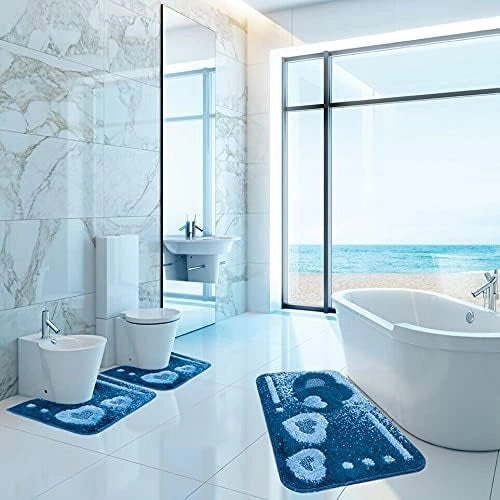 Tappeto Bagno Set 3 Pezzi Cuori Soffice Antiscivolo Assorbente Doccia Marrone